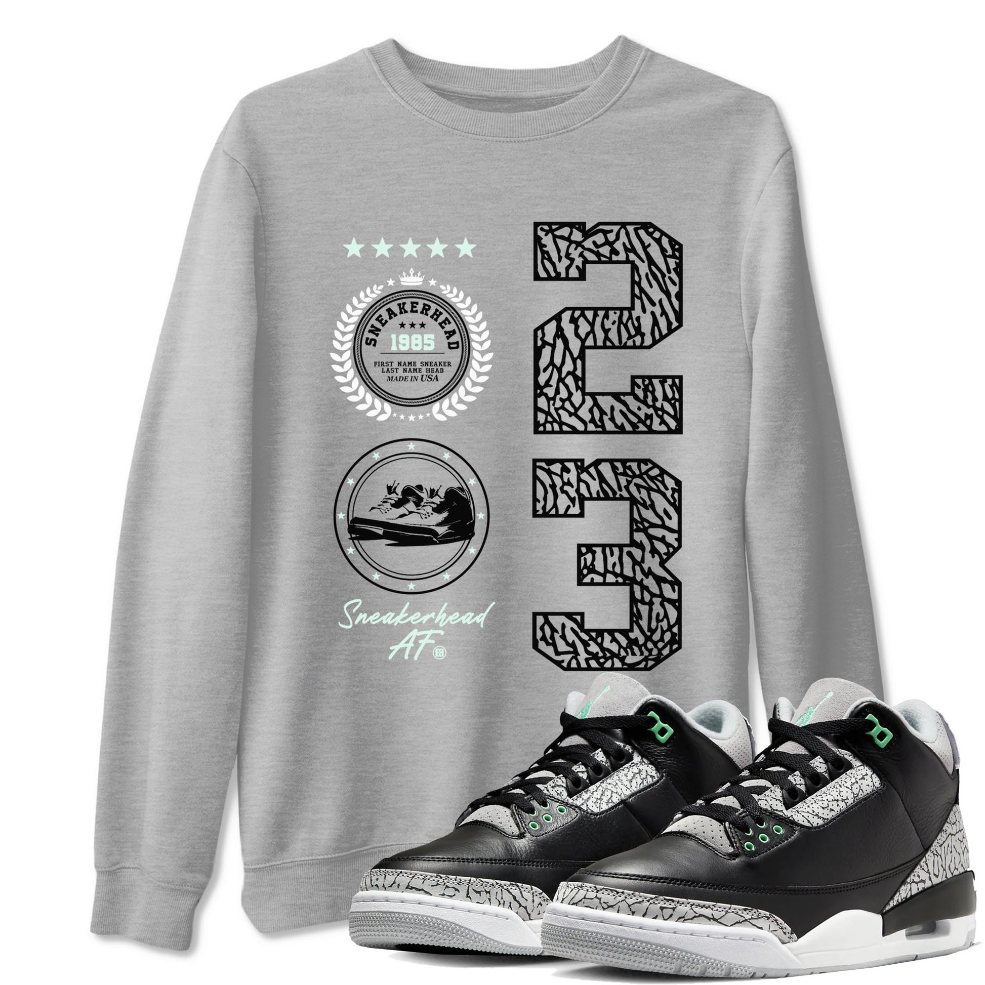 3s Green Glow shirt to match jordans Sneaker Emblem sneaker tees Air Jordan 3 Green Glow SNRT Sneaker Release Tees unisex cotton Heather Grey 1 crew neck shirt