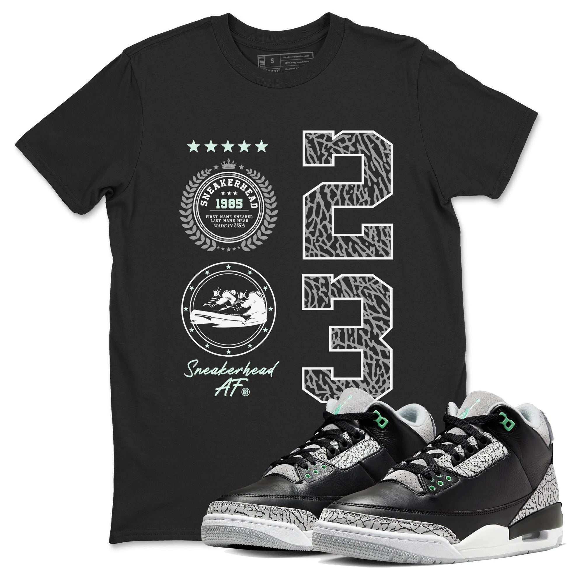 3s Green Glow shirt to match jordans Sneaker Emblem sneaker tees Air Jordan 3 Green Glow SNRT Sneaker Release Tees unisex cotton Black 1 crew neck shirt