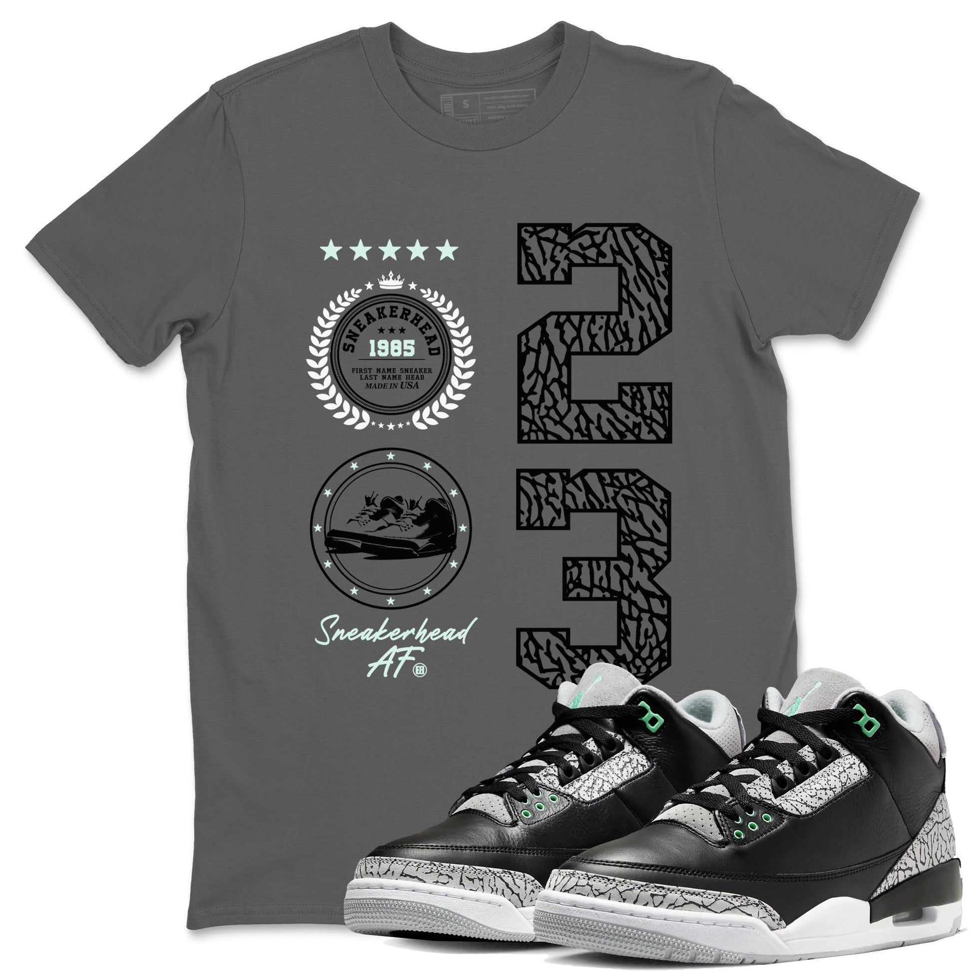 3s Green Glow shirt to match jordans Sneaker Emblem sneaker tees Air Jordan 3 Green Glow SNRT Sneaker Release Tees unisex cotton Cool Grey 1 crew neck shirt