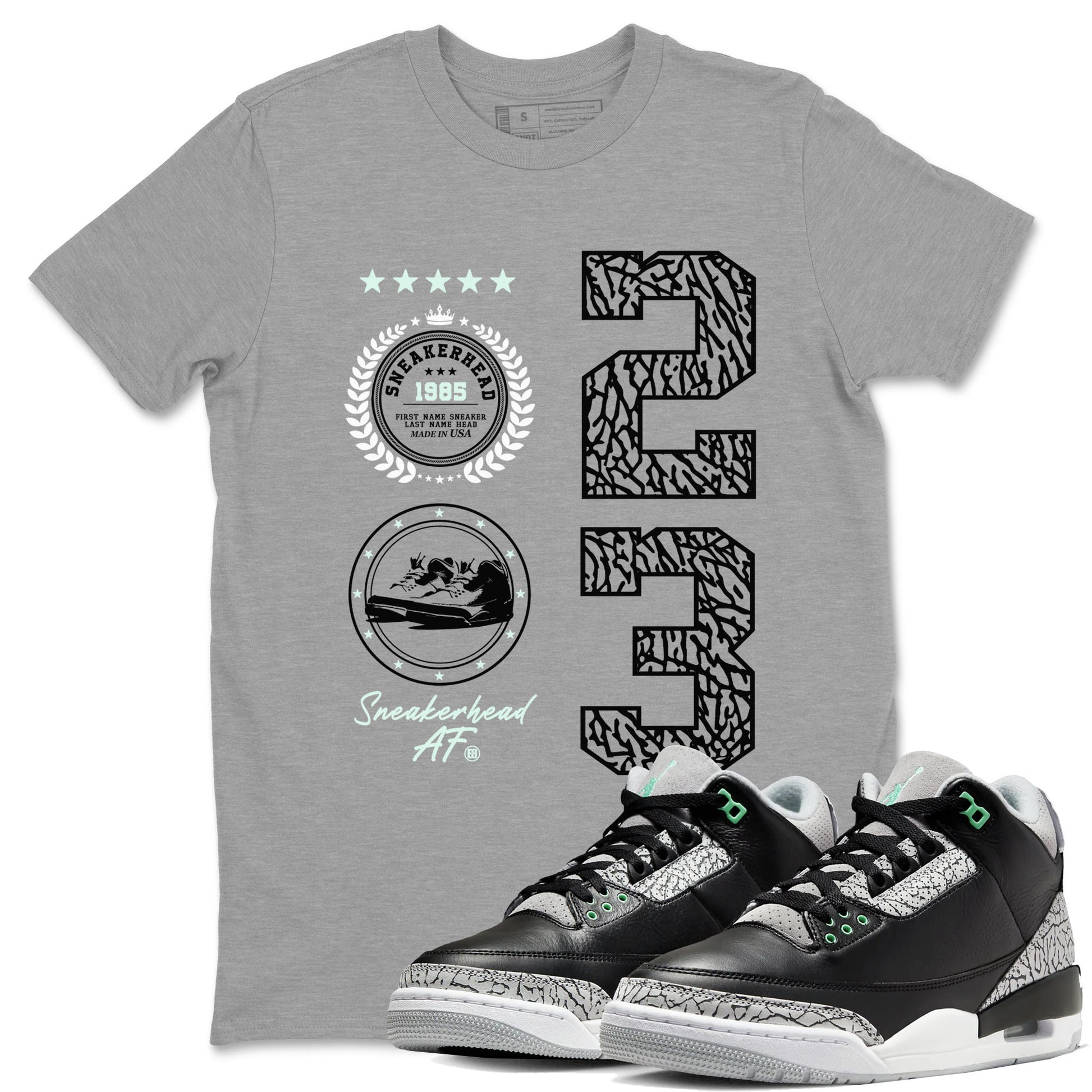 3s Green Glow shirt to match jordans Sneaker Emblem sneaker tees Air Jordan 3 Green Glow SNRT Sneaker Release Tees unisex cotton Heather Grey 1 crew neck shirt