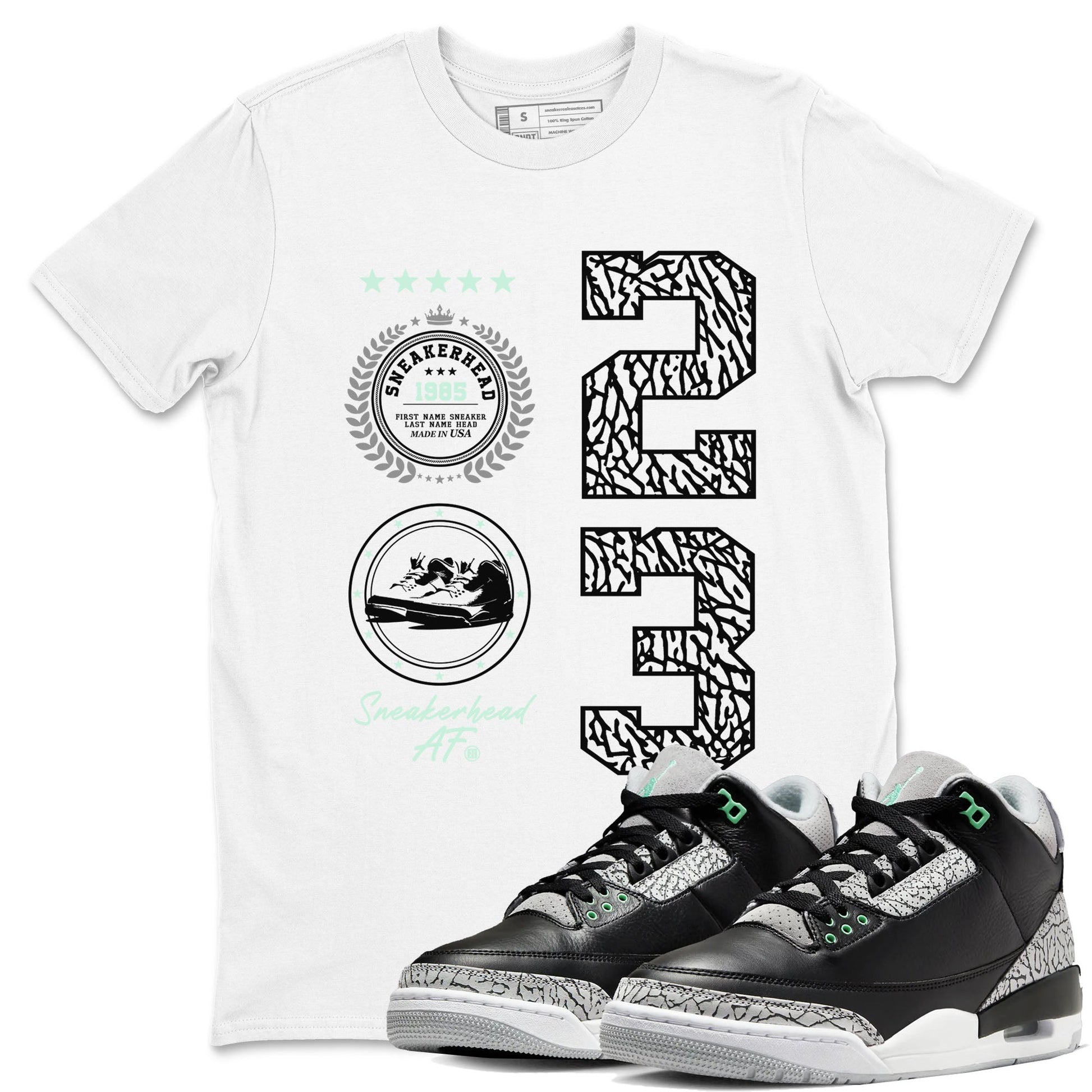 3s Green Glow shirt to match jordans Sneaker Emblem sneaker tees Air Jordan 3 Green Glow SNRT Sneaker Release Tees unisex cotton White 1 crew neck shirt