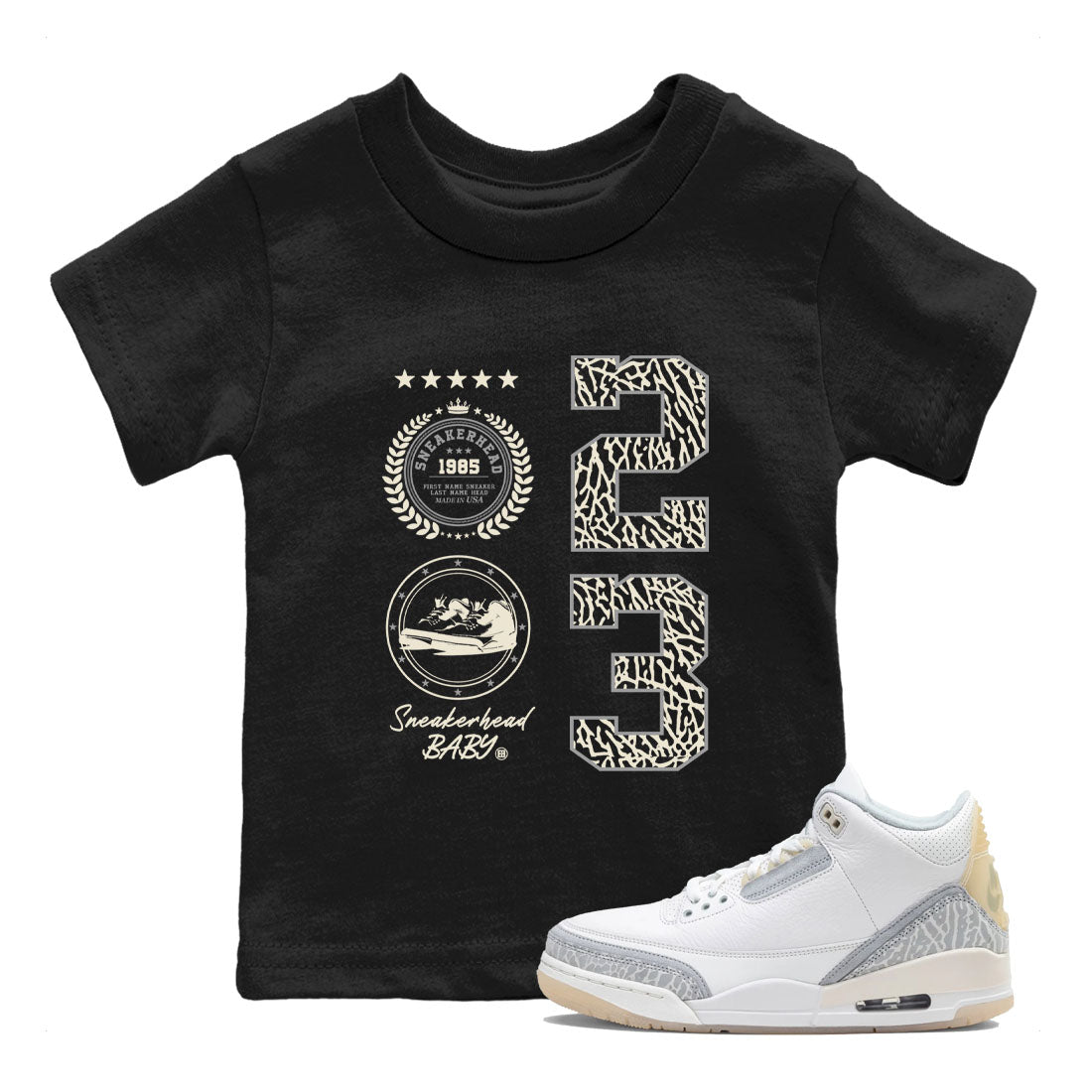 Sneaker Emblem sneaker match tees to Ivory 3s street fashion brand for shirts to match Jordans SNRT Sneaker Tees Air Jordan 3 Craft 'Ivory' unisex t-shirt Black 1 youth shirt