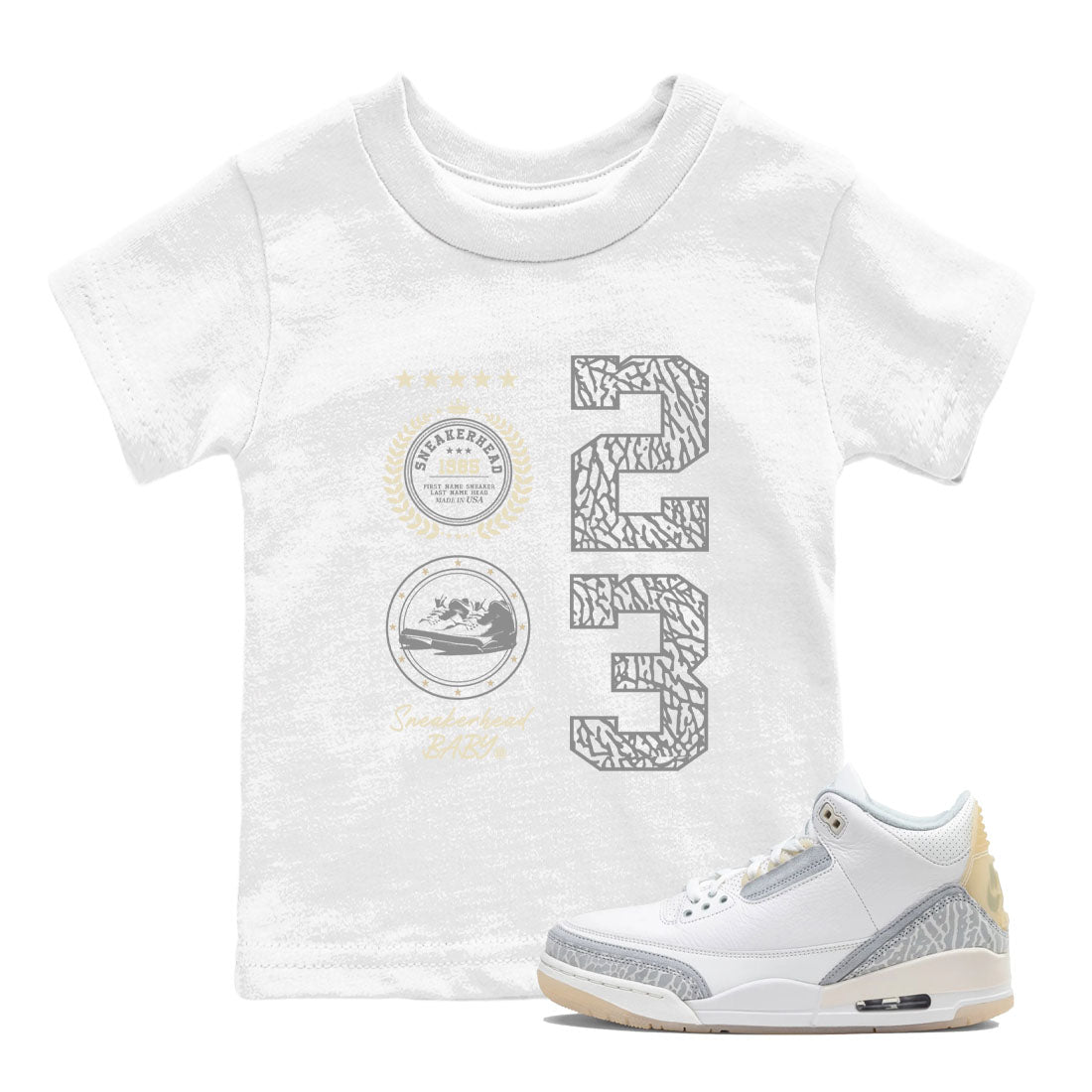 Sneaker Emblem sneaker match tees to Ivory 3s street fashion brand for shirts to match Jordans SNRT Sneaker Tees Air Jordan 3 Craft 'Ivory' unisex t-shirt White 1 youth shirt
