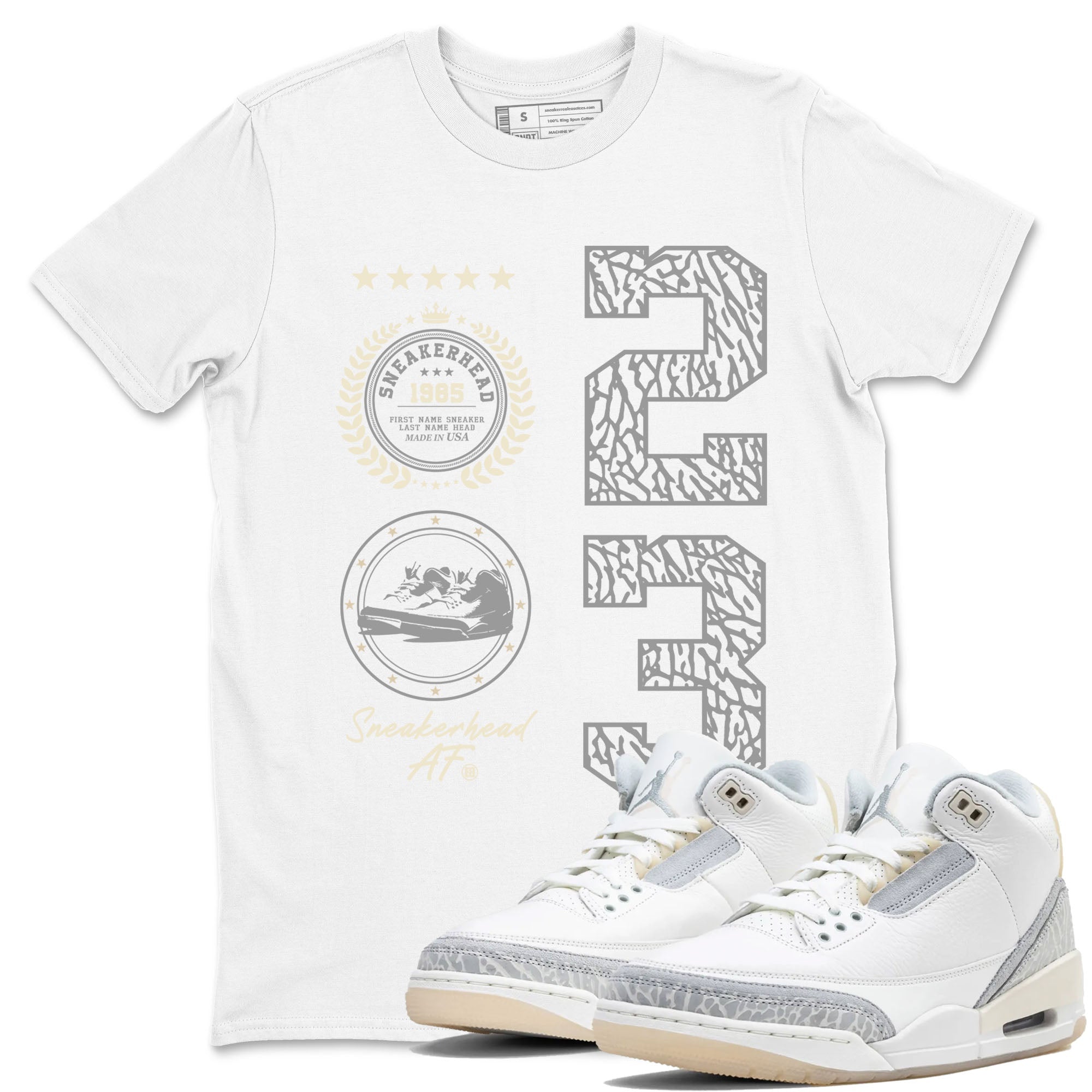 Sneaker Emblem sneaker match tees to Ivory 3s street fashion brand for shirts to match Jordans SNRT Sneaker Tees Air Jordan 3 Craft 'Ivory' unisex t-shirt White 1 unisex shirt