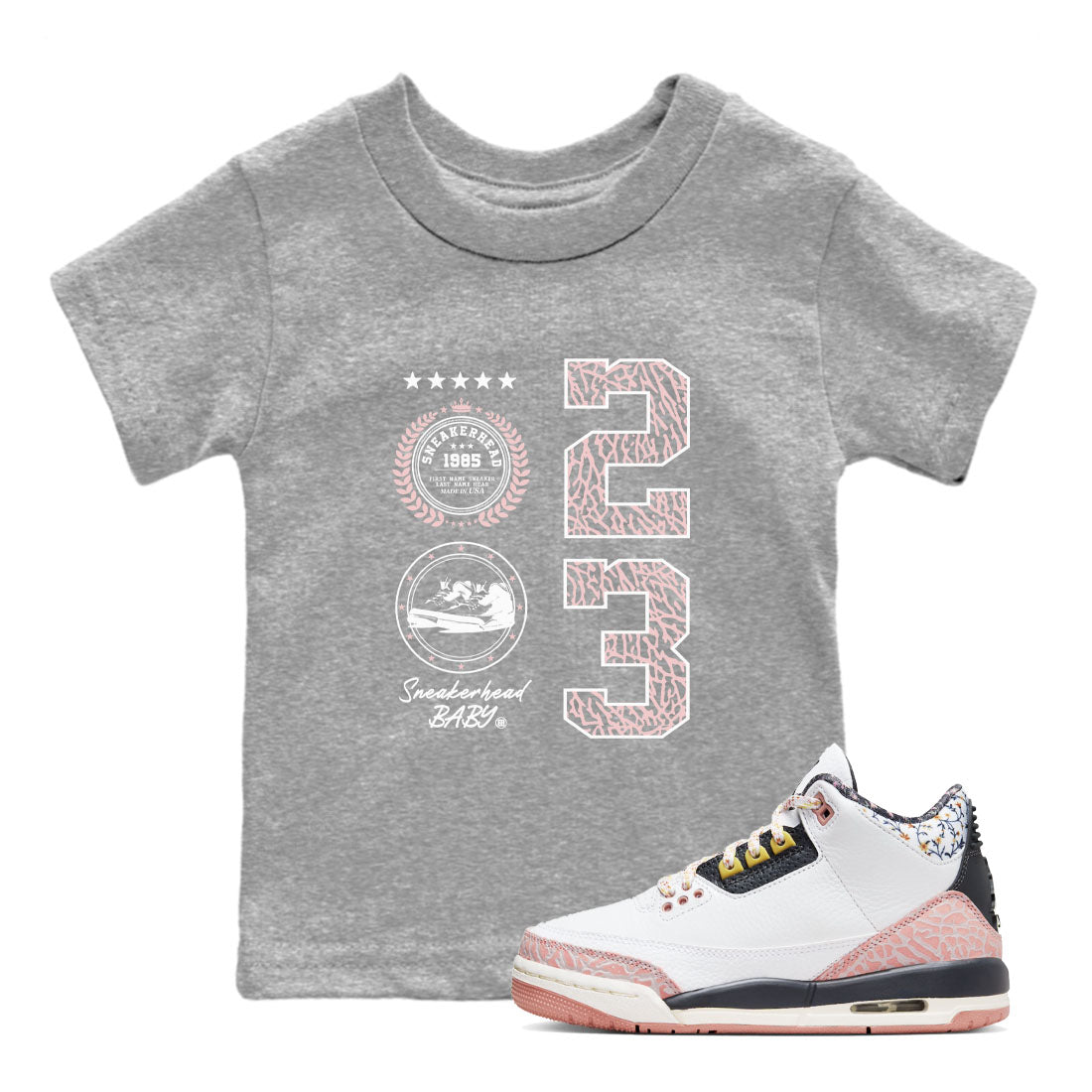 Air Jordan 3 GS Vintage Floral shirt to match jordans Sneaker Emblem sneaker tees 3s Vintage Floral SNRT sneaker release tees baby toddler Heather Grey 1 cotton Shirt