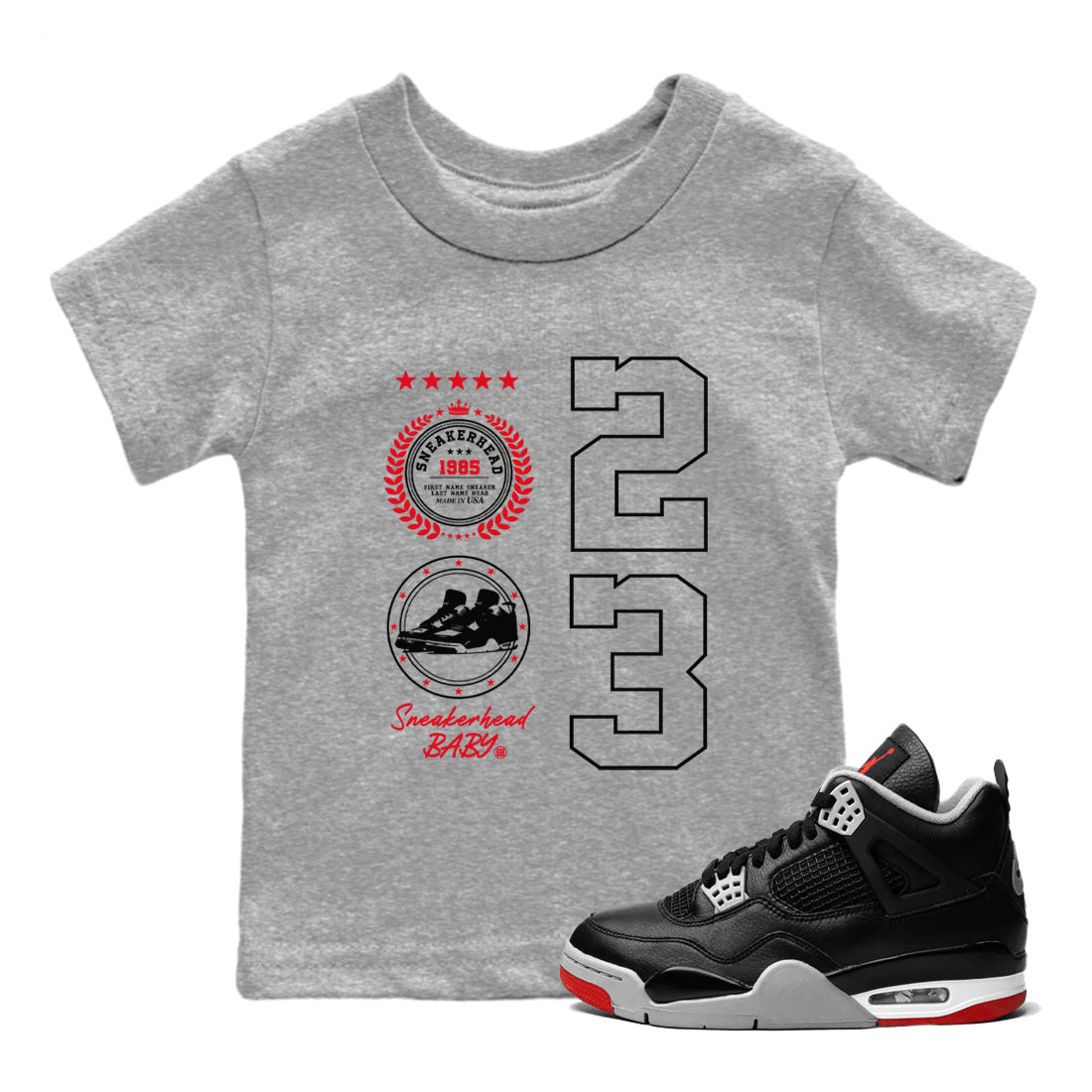 Sneaker Emblem sneaker match tees to Air Jordan 4 Bred Reimagined street fashion brand for shirts to match Jordans SNRT Sneaker Tees Air Jordan 4 Bred Reimagined unisex t-shirt Heather Grey 1 youth shirt