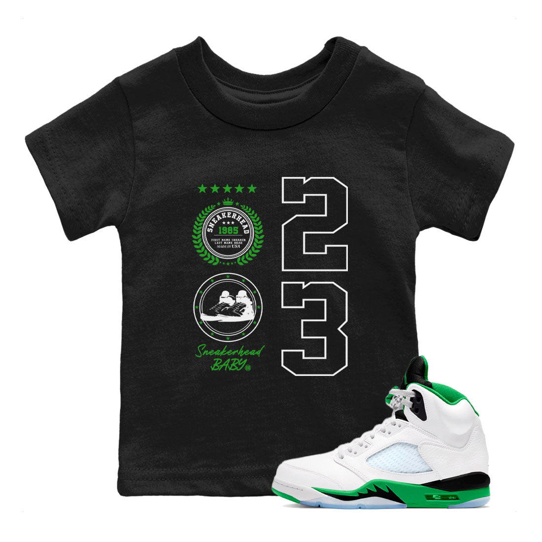 Air Jordan 5 Lucky Green shirt to match jordans Sneaker Emblem sneaker tees Air Jordan 5 Lucky Green SNRT sneaker release tees baby toddler Black 1 cotton Shirt