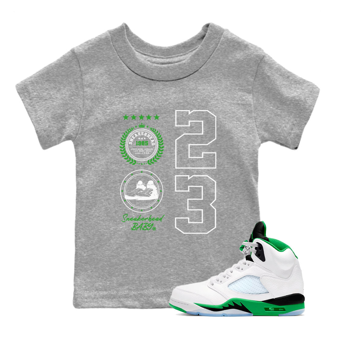 Air Jordan 5 Lucky Green shirt to match jordans Sneaker Emblem sneaker tees Air Jordan 5 Lucky Green SNRT sneaker release tees baby toddler Heather Grey 1 cotton Shirt