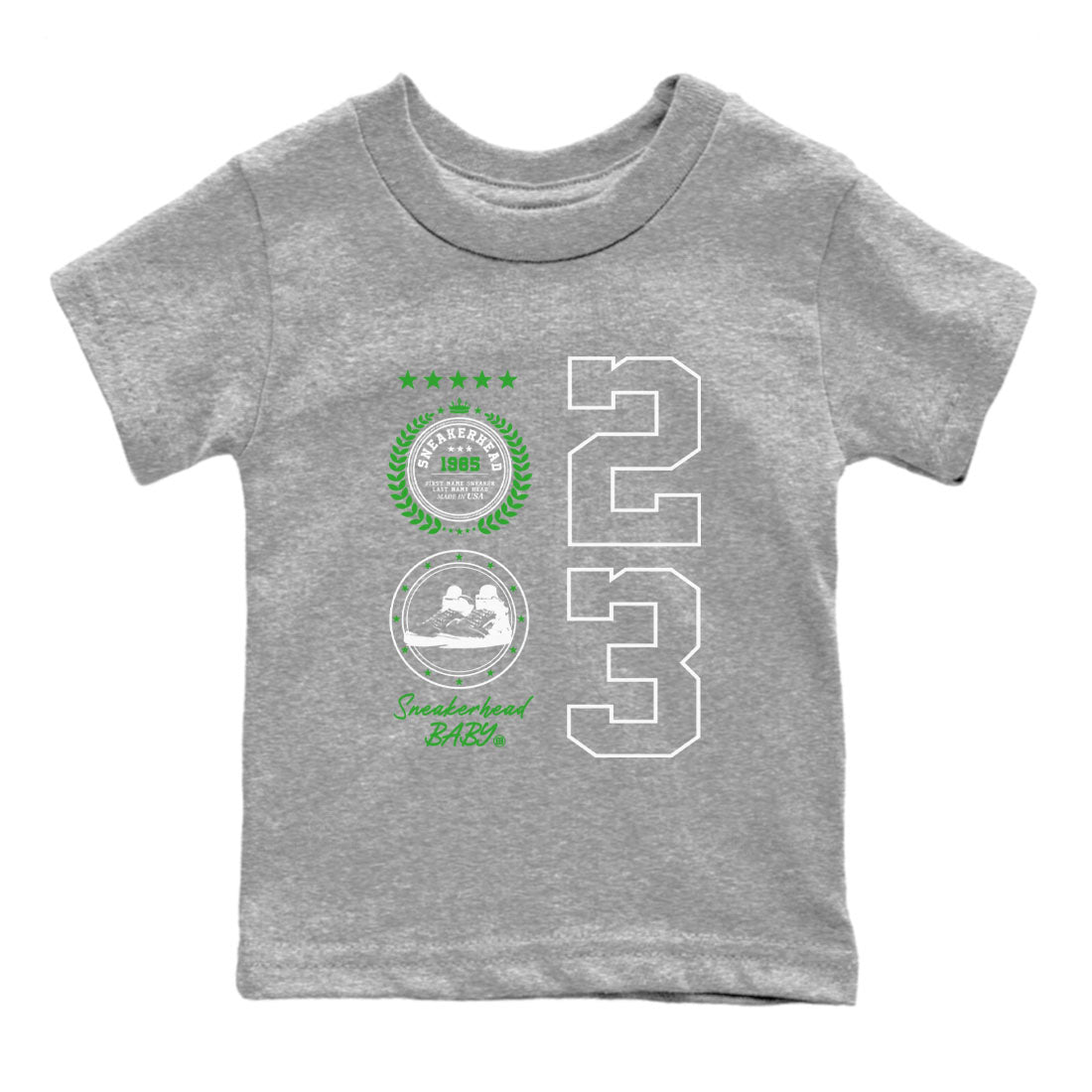 Air Jordan 5 Lucky Green shirt to match jordans Sneaker Emblem sneaker tees Air Jordan 5 Lucky Green SNRT sneaker release tees baby toddler Heather Grey 2 cotton Shirt