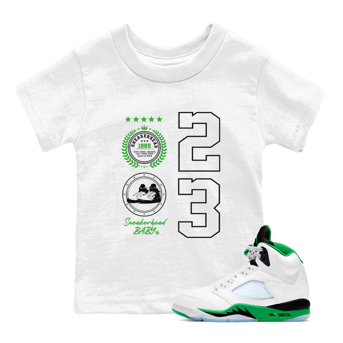 Air Jordan 5 Lucky Green shirt to match jordans Sneaker Emblem sneaker tees Air Jordan 5 Lucky Green SNRT sneaker release tees baby toddler White 1 cotton Shirt