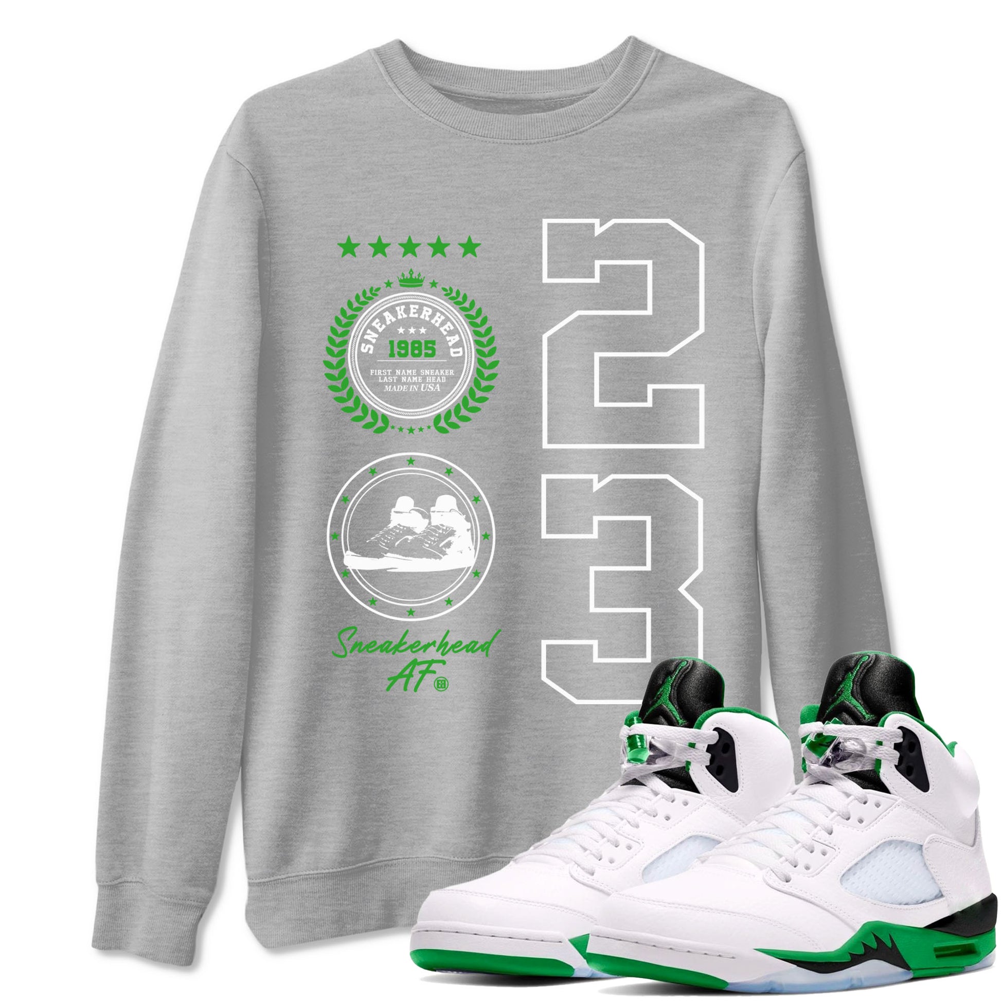 Air Jordan 5 Lucky Green shirt to match jordans Sneaker Emblem sneaker tees Air Jordan 5 Lucky Green SNRT Sneaker Release Tees unisex cotton Heather Grey 1 crew neck shirt