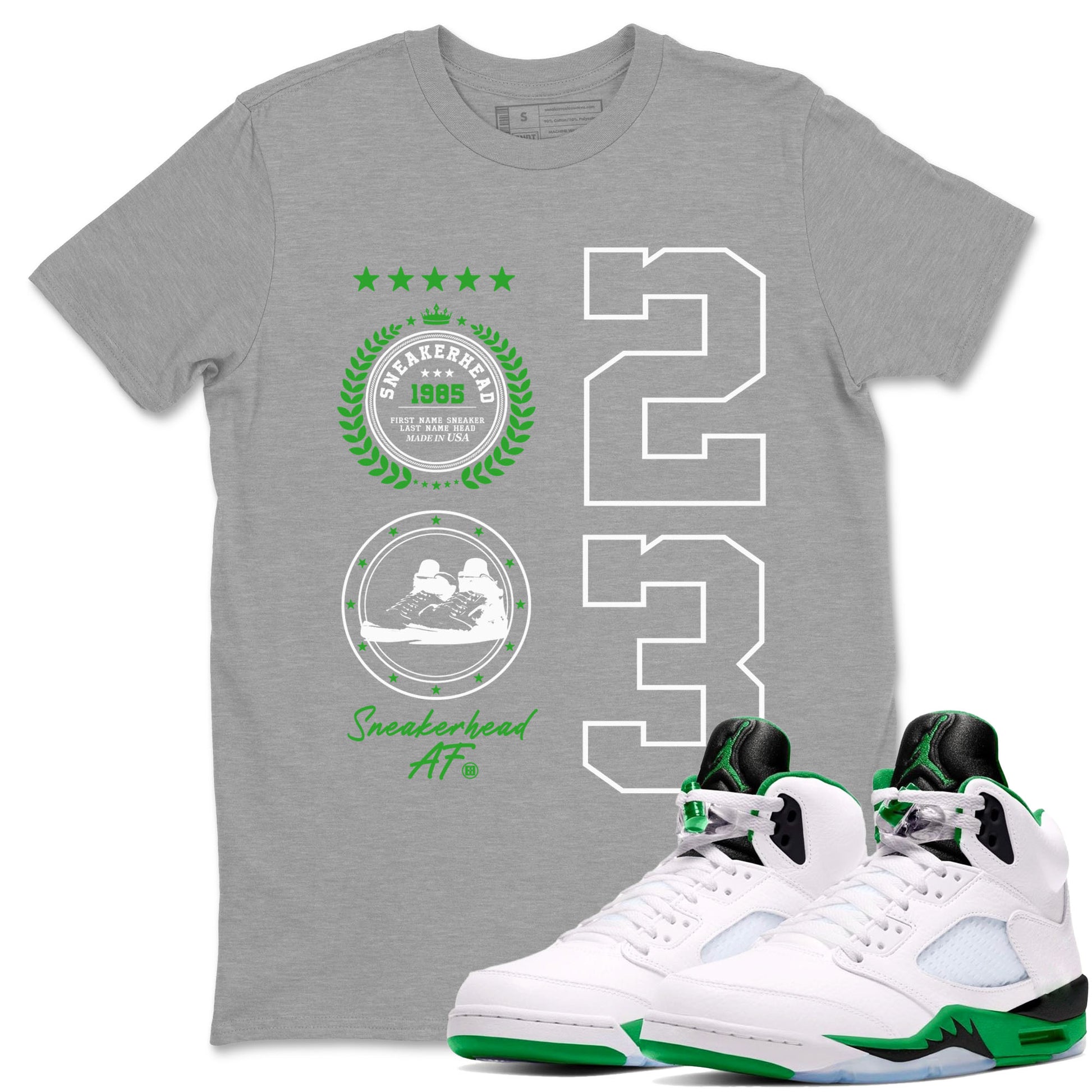 Air Jordan 5 Lucky Green shirt to match jordans Sneaker Emblem sneaker tees Air Jordan 5 Lucky Green SNRT Sneaker Release Tees unisex cotton Heather Grey 1 crew neck shirt