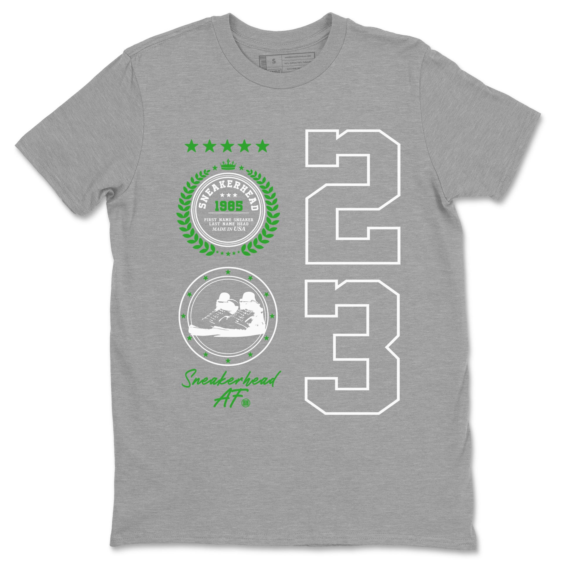 Air Jordan 5 Lucky Green shirt to match jordans Sneaker Emblem sneaker tees Air Jordan 5 Lucky Green SNRT Sneaker Release Tees unisex cotton Heather Grey 2 crew neck shirt