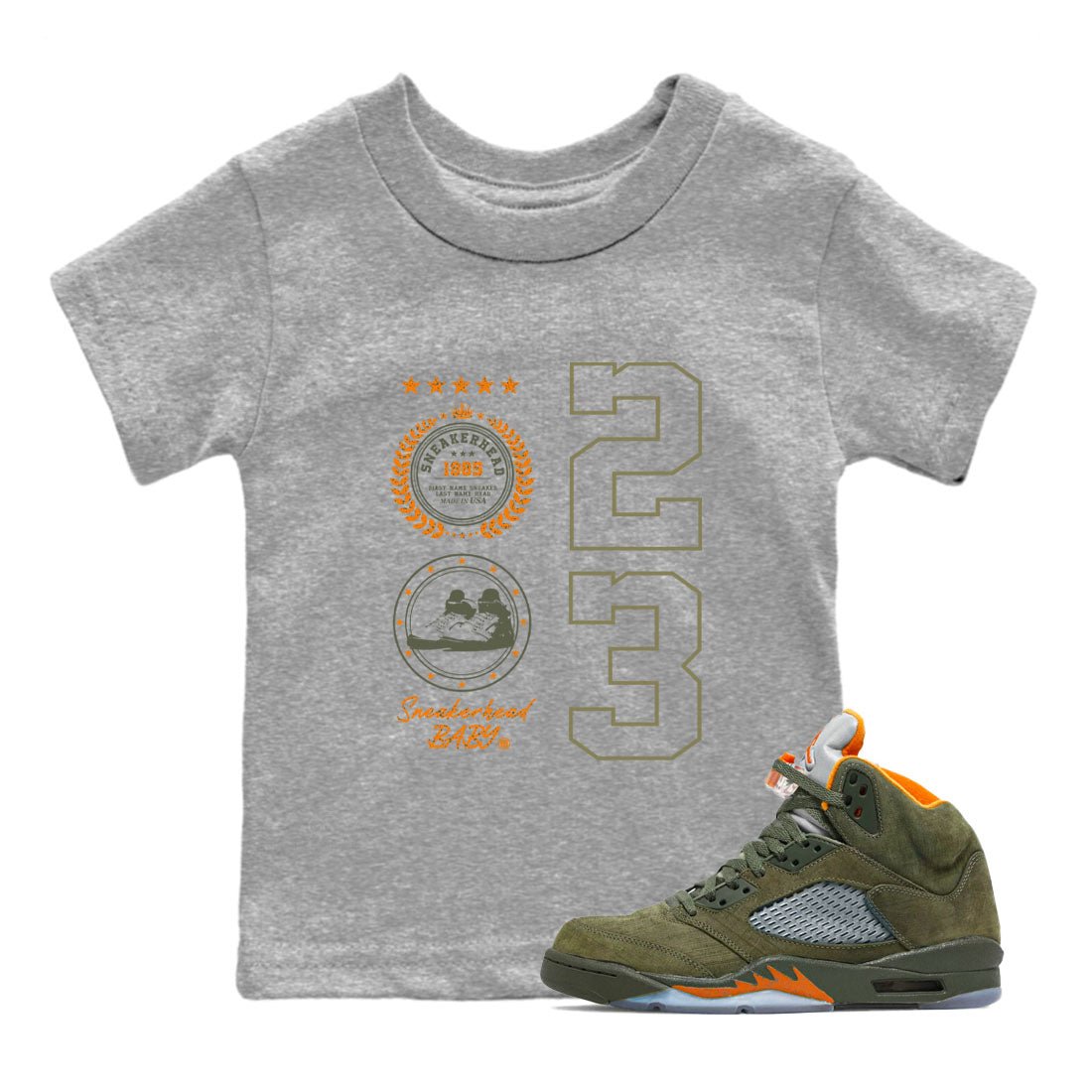 Air Jordan 5 Olive shirt to match jordans Sneaker Emblem sneaker tees 5s Olive SNRT sneaker release tees baby toddler Heather Grey 1 cotton Shirt