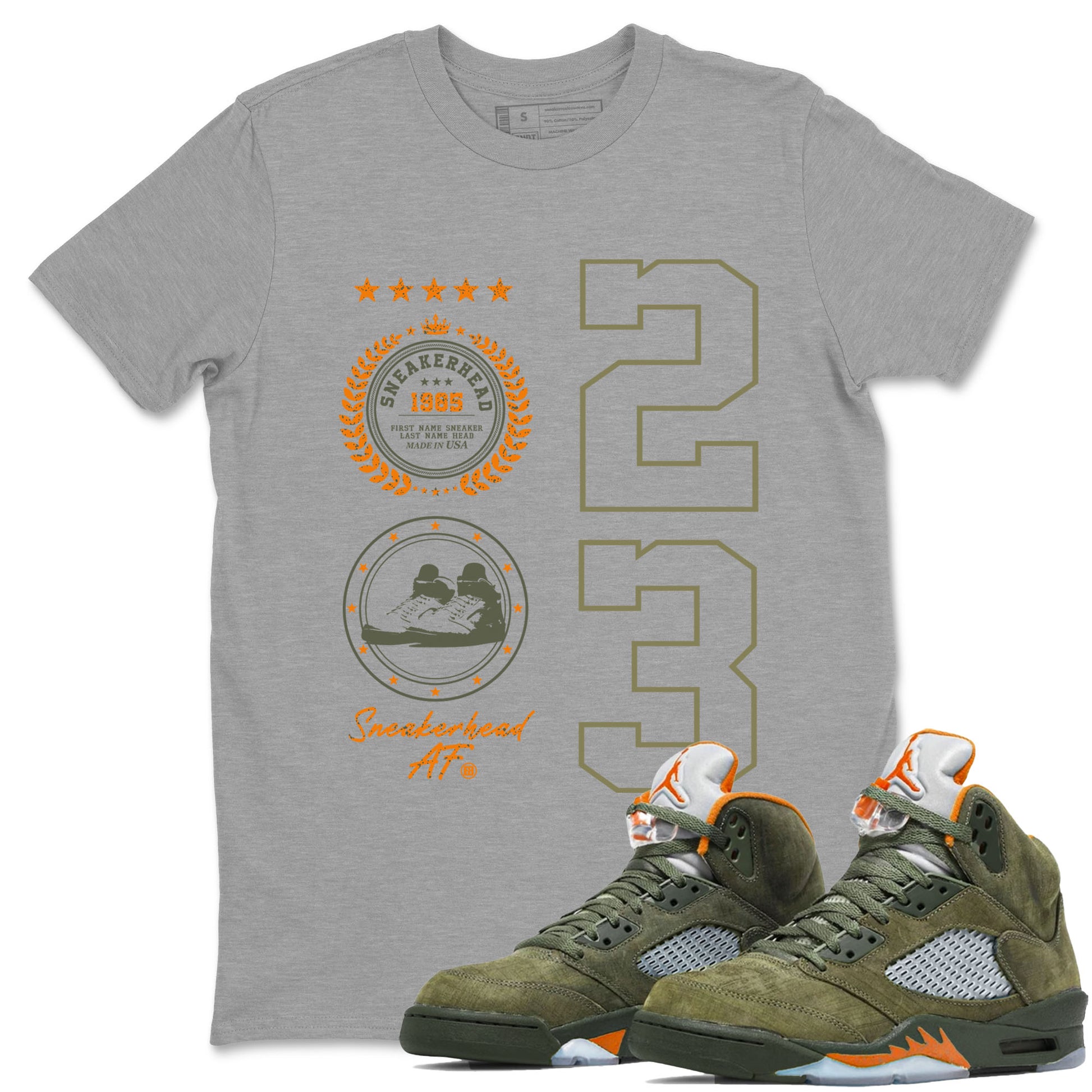 Air Jordan 5 Olive shirt to match jordans Sneaker Emblem sneaker tees 5s Olive SNRT Sneaker Release Tees unisex cotton Heather Grey 1 crew neck shirt