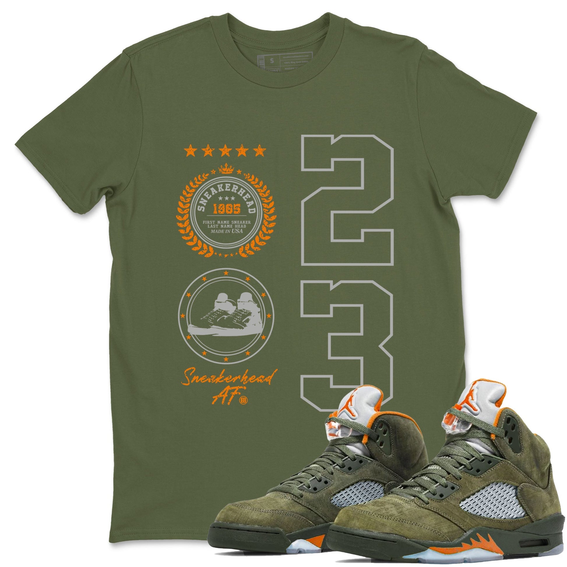 Air Jordan 5 Olive shirt to match jordans Sneaker Emblem sneaker tees 5s Olive SNRT Sneaker Release Tees unisex cotton Military Green 1 crew neck shirt