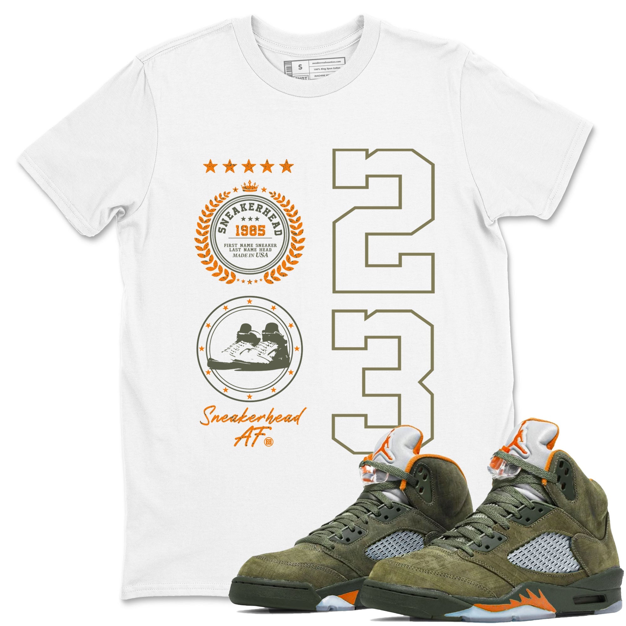 Air Jordan 5 Olive shirt to match jordans Sneaker Emblem sneaker tees 5s Olive SNRT Sneaker Release Tees unisex cotton White 1 crew neck shirt