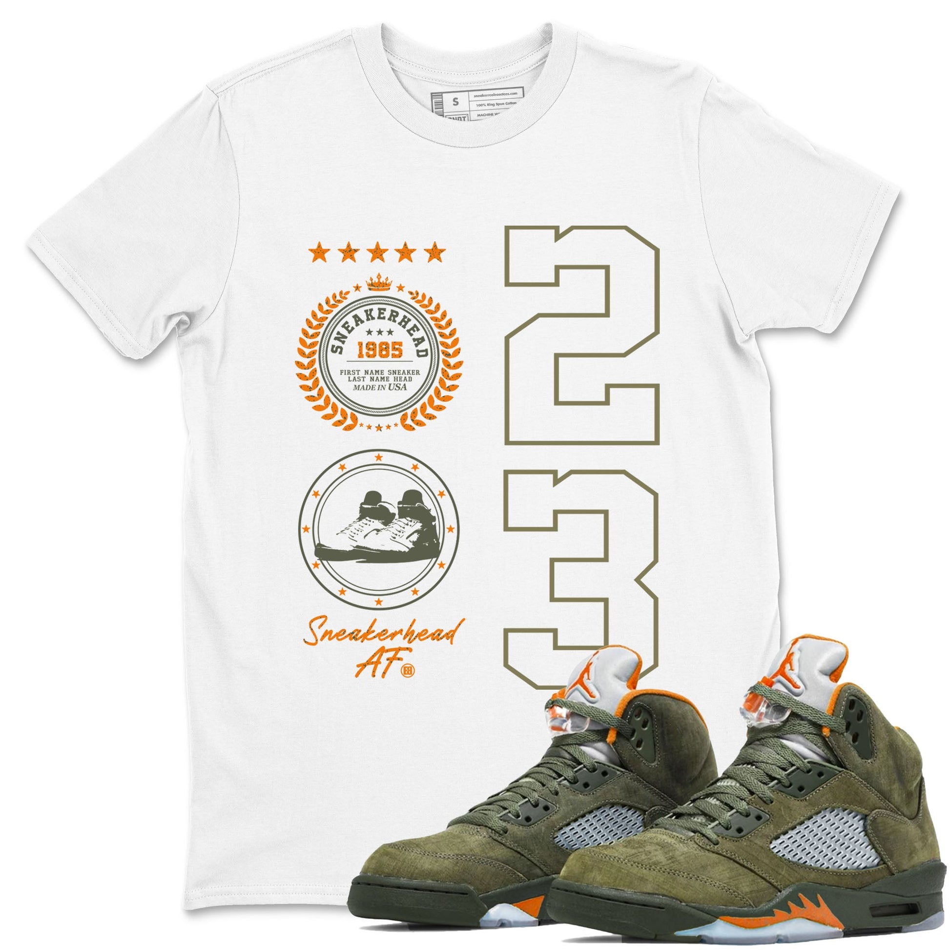 Air Jordan 5 Olive shirt to match jordans Sneaker Emblem sneaker tees 5s Olive SNRT Sneaker Release Tees unisex cotton White 1 crew neck shirt
