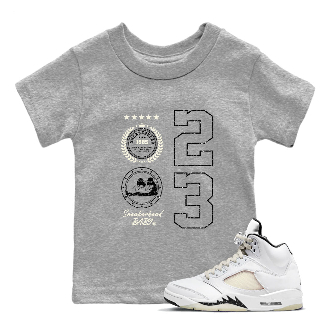 Air Jordan 5 Sail shirt to match jordans Sneaker Emblem sneaker tees Air Jordan 5 Sail SNRT sneaker release tees baby toddler Heather Grey 1 cotton Shirt