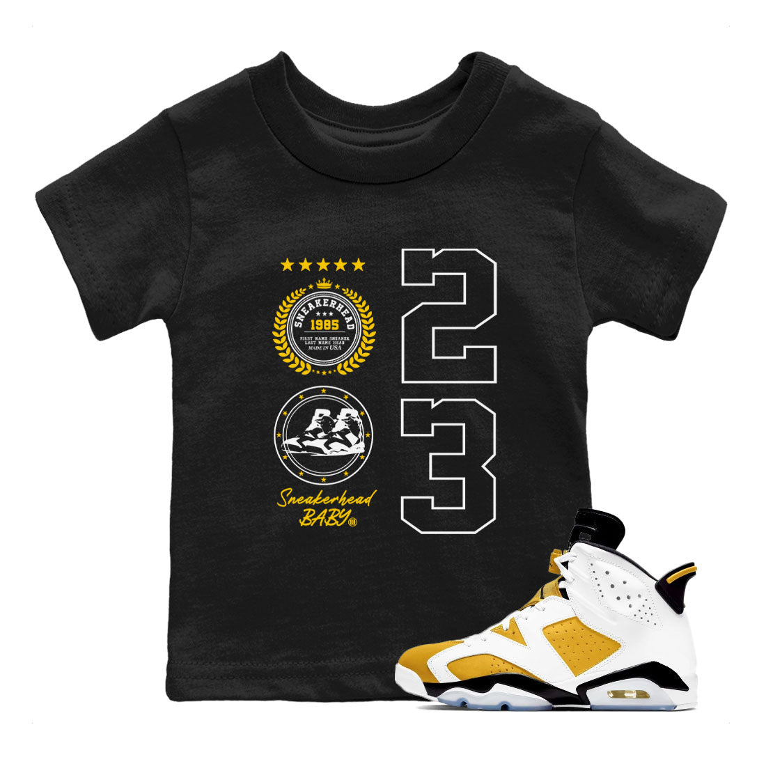 Sneaker Emblem sneaker match tees to Yellow Ochre 6s street fashion brand for shirts to match Jordans SNRT Sneaker Tees Air Jordan 6 Yellow Ochre unisex t-shirt Black 1 youth shirt