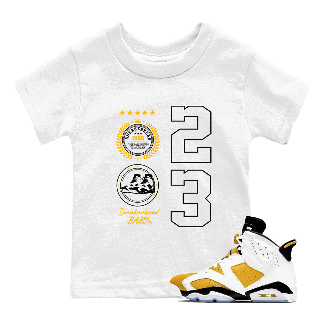 Sneaker Emblem sneaker match tees to Yellow Ochre 6s street fashion brand for shirts to match Jordans SNRT Sneaker Tees Air Jordan 6 Yellow Ochre unisex t-shirt White 1 youth shirt