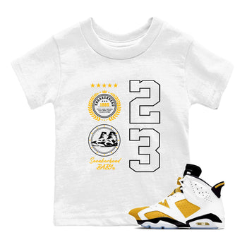 Sneaker Emblem sneaker match tees to Yellow Ochre 6s street fashion brand for shirts to match Jordans SNRT Sneaker Tees Air Jordan 6 Yellow Ochre unisex t-shirt White 1 youth shirt