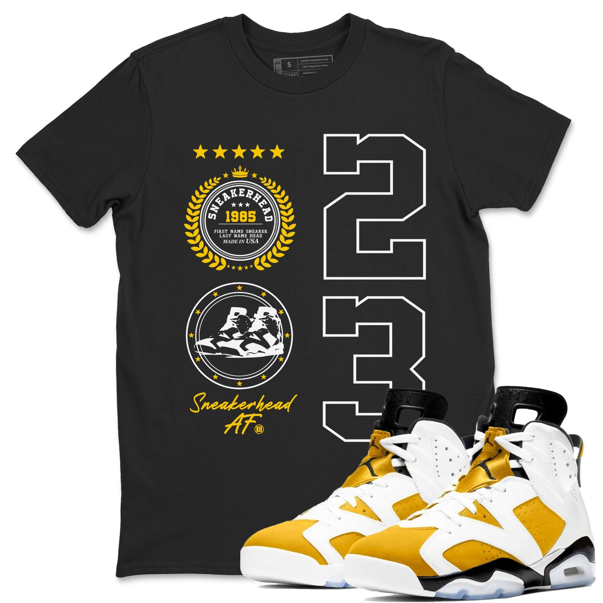 Sneaker Emblem sneaker match tees to Yellow Ochre 6s street fashion brand for shirts to match Jordans SNRT Sneaker Tees Air Jordan 6 Yellow Ochre unisex t-shirt Black 1 unisex shirt