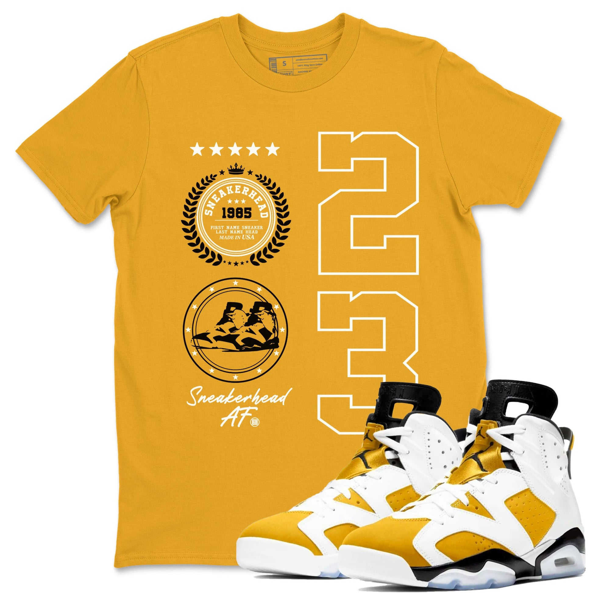 Sneaker Emblem sneaker match tees to Yellow Ochre 6s street fashion brand for shirts to match Jordans SNRT Sneaker Tees Air Jordan 6 Yellow Ochre unisex t-shirt Gold 1 unisex shirt