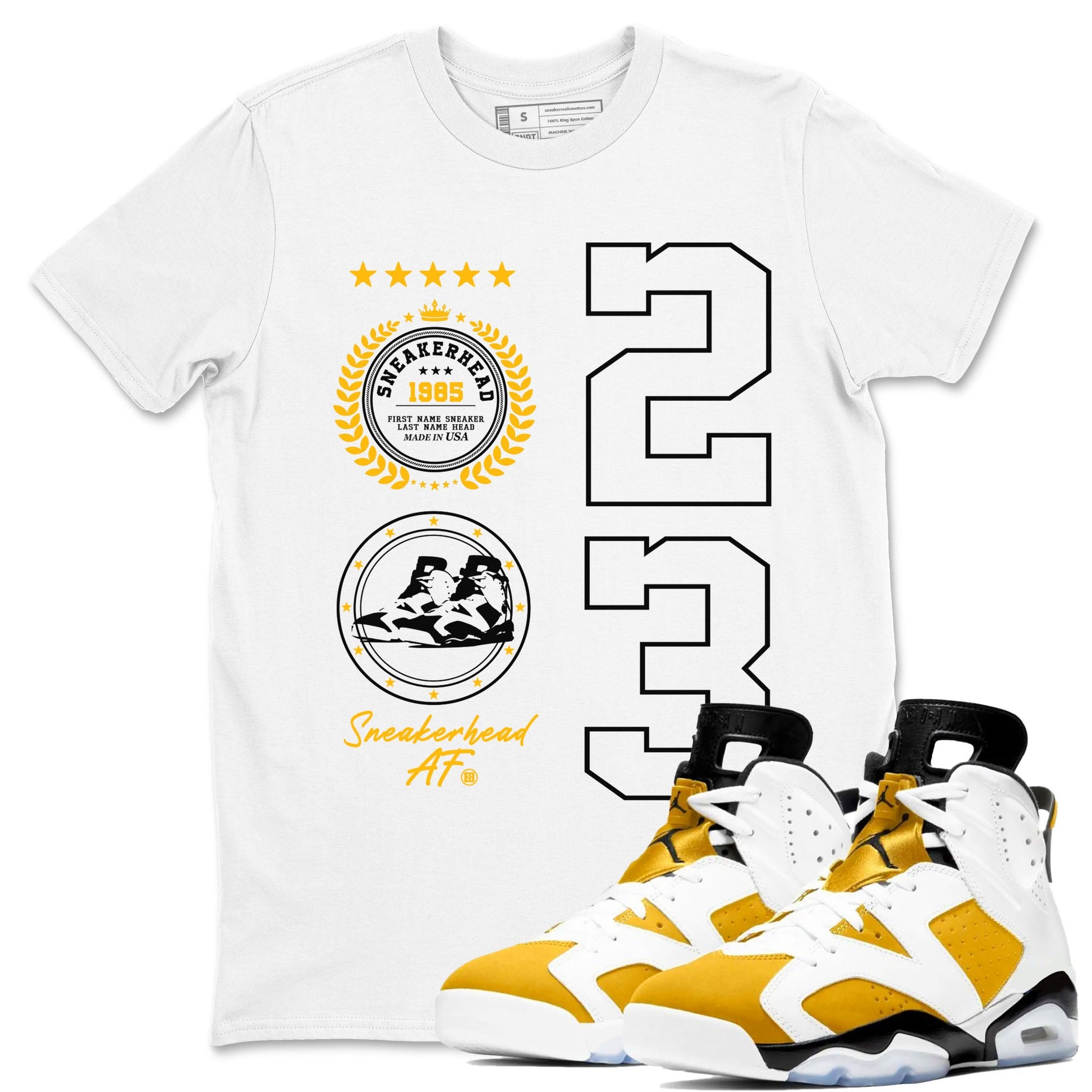 Sneaker Emblem sneaker match tees to Yellow Ochre 6s street fashion brand for shirts to match Jordans SNRT Sneaker Tees Air Jordan 6 Yellow Ochre unisex t-shirt White 1 unisex shirt