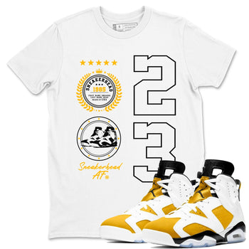 Sneaker Emblem sneaker match tees to Yellow Ochre 6s street fashion brand for shirts to match Jordans SNRT Sneaker Tees Air Jordan 6 Yellow Ochre unisex t-shirt White 1 unisex shirt
