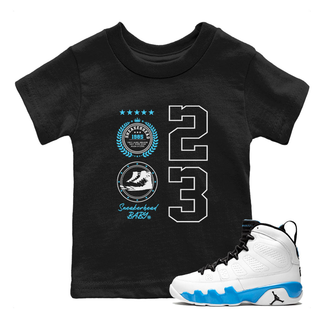 9s Powder Blue shirt to match jordans Sneaker Emblem sneaker tees Air Jordan 9 Powder Blue SNRT sneaker release tees baby toddler Black 1 cotton Shirt