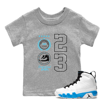 9s Powder Blue shirt to match jordans Sneaker Emblem sneaker tees Air Jordan 9 Powder Blue SNRT sneaker release tees baby toddler Heather Grey 1 cotton Shirt