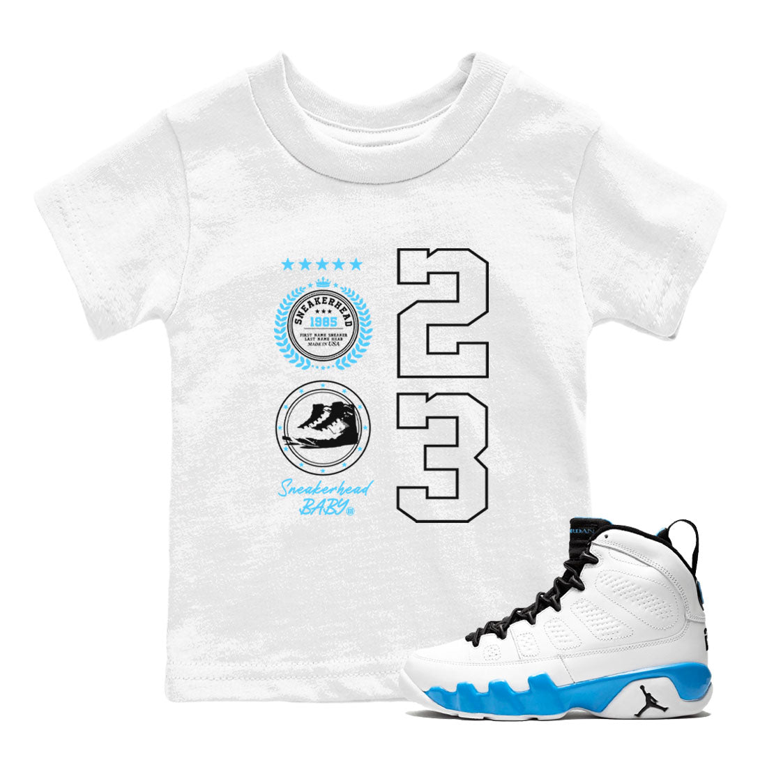 9s Powder Blue shirt to match jordans Sneaker Emblem sneaker tees Air Jordan 9 Powder Blue SNRT sneaker release tees baby toddler White 1 cotton Shirt