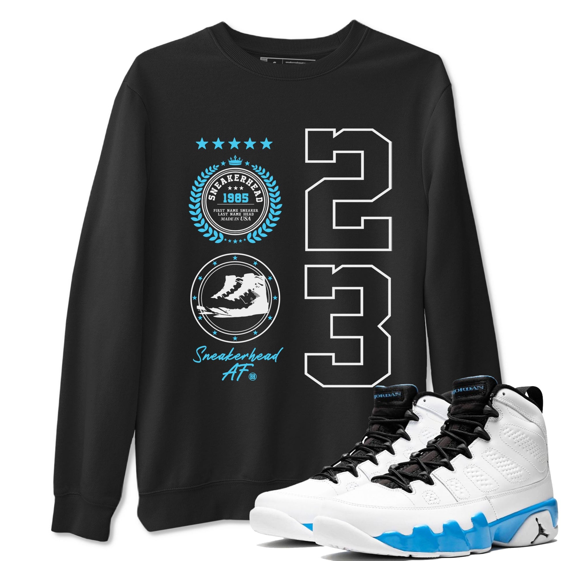 9s Powder Blue shirt to match jordans Sneaker Emblem sneaker tees Air Jordan 9 Powder Blue SNRT Sneaker Release Tees unisex cotton Black 1 crew neck shirt