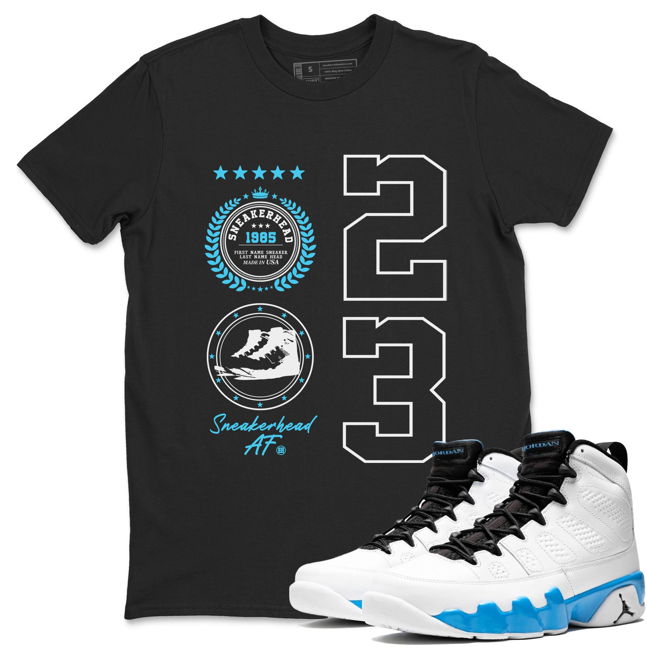 9s Powder Blue shirt to match jordans Sneaker Emblem sneaker tees Air Jordan 9 Powder Blue SNRT Sneaker Release Tees unisex cotton White 1 crew neck shirt