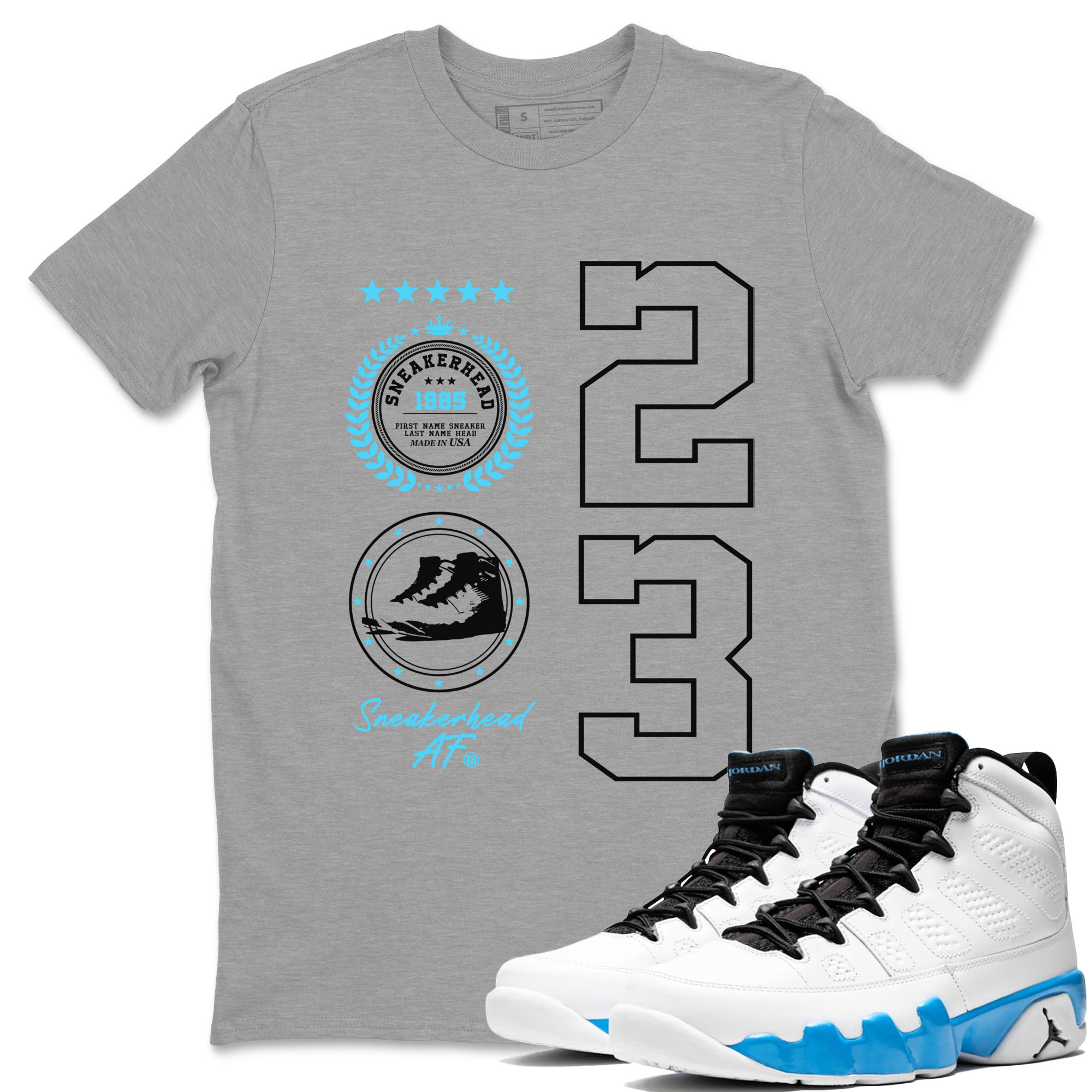 9s Powder Blue shirt to match jordans Sneaker Emblem sneaker tees Air Jordan 9 Powder Blue SNRT Sneaker Release Tees unisex cotton Heather Grey 1 crew neck shirt