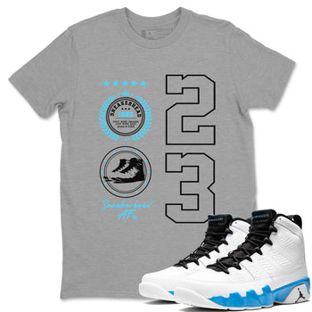 9s Powder Blue shirt to match jordans Sneaker Emblem sneaker tees Air Jordan 9 Powder Blue SNRT Sneaker Release Tees unisex cotton Heather Grey 1 crew neck shirt