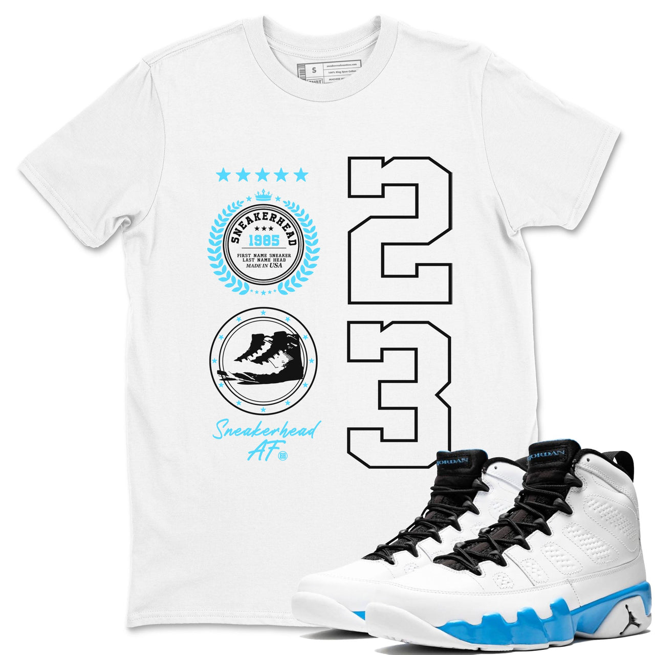 9s Powder Blue shirt to match jordans Sneaker Emblem sneaker tees Air Jordan 9 Powder Blue SNRT Sneaker Release Tees unisex cotton White 1 crew neck shirt