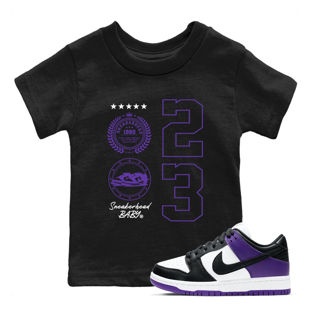 Sneaker Emblem sneaker match tees to Court Purple Dunks street fashion brand for shirts to match Jordans SNRT Sneaker Tees Dunk Low Court Purple unisex t-shirt Black 1 youth shirt