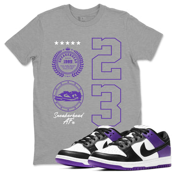 Sneaker Emblem sneaker match tees to Court Purple Dunks street fashion brand for shirts to match Jordans SNRT Sneaker Tees Dunk Low Court Purple unisex t-shirt Heather Grey 1 unisex shirt