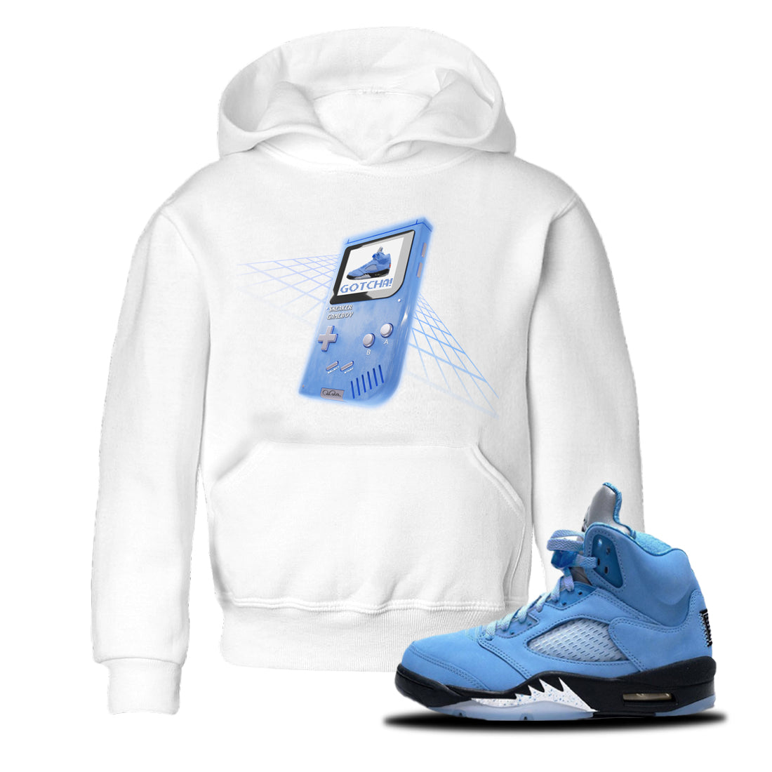 Jordan 5 UNC Jordan Shirts Sneaker Game Boy Sneaker Tees AJ5 UNC Sneaker Release Tees Kids Shirts White 1