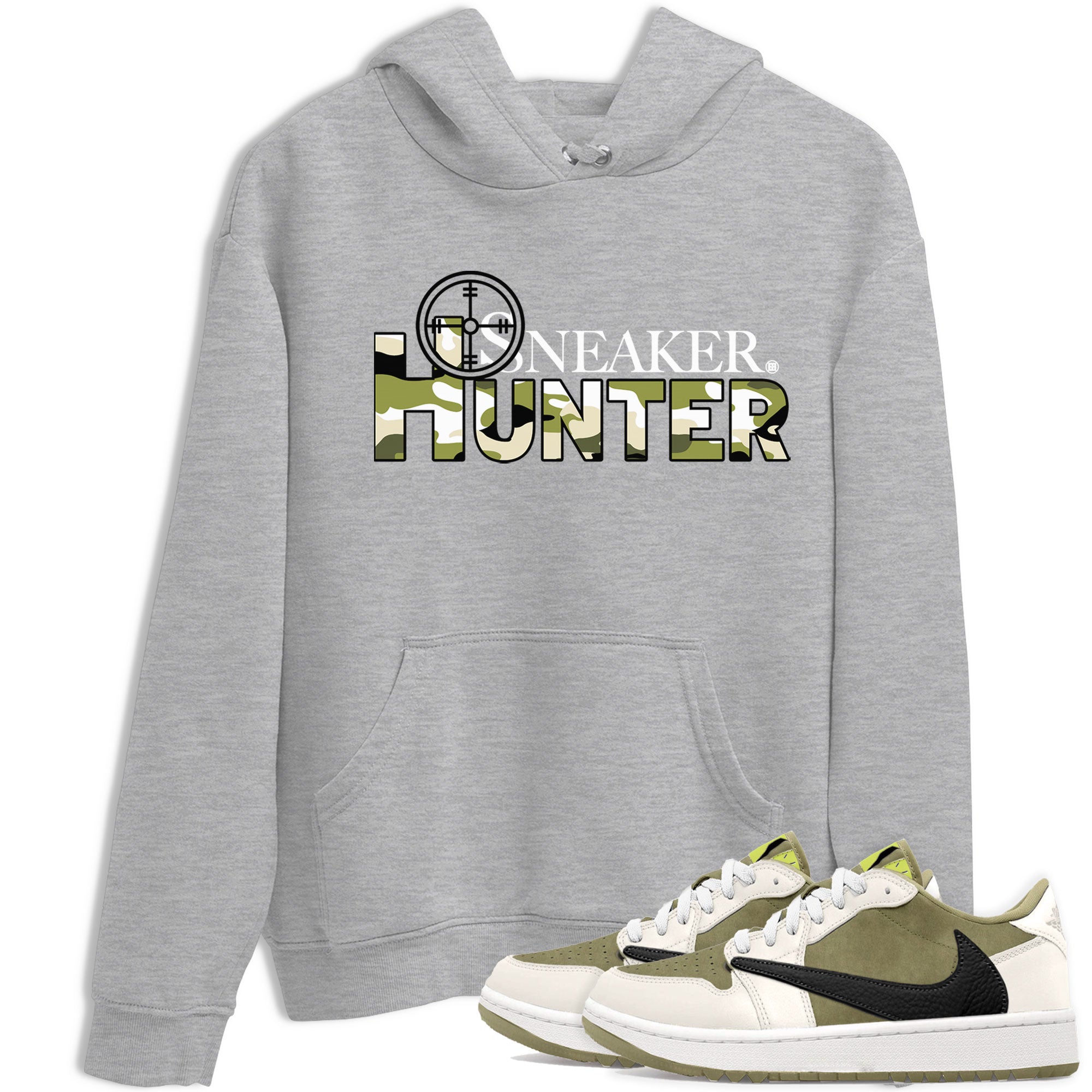 Air Jordan 1 X Travis Scott Golf Olive shirt to match jordans Sneaker Hunter sneaker tees Air Jordan 1 Travis Scott Golf SNRT Sneaker Release Tees Unisex Heather Grey 1 T-Shirt