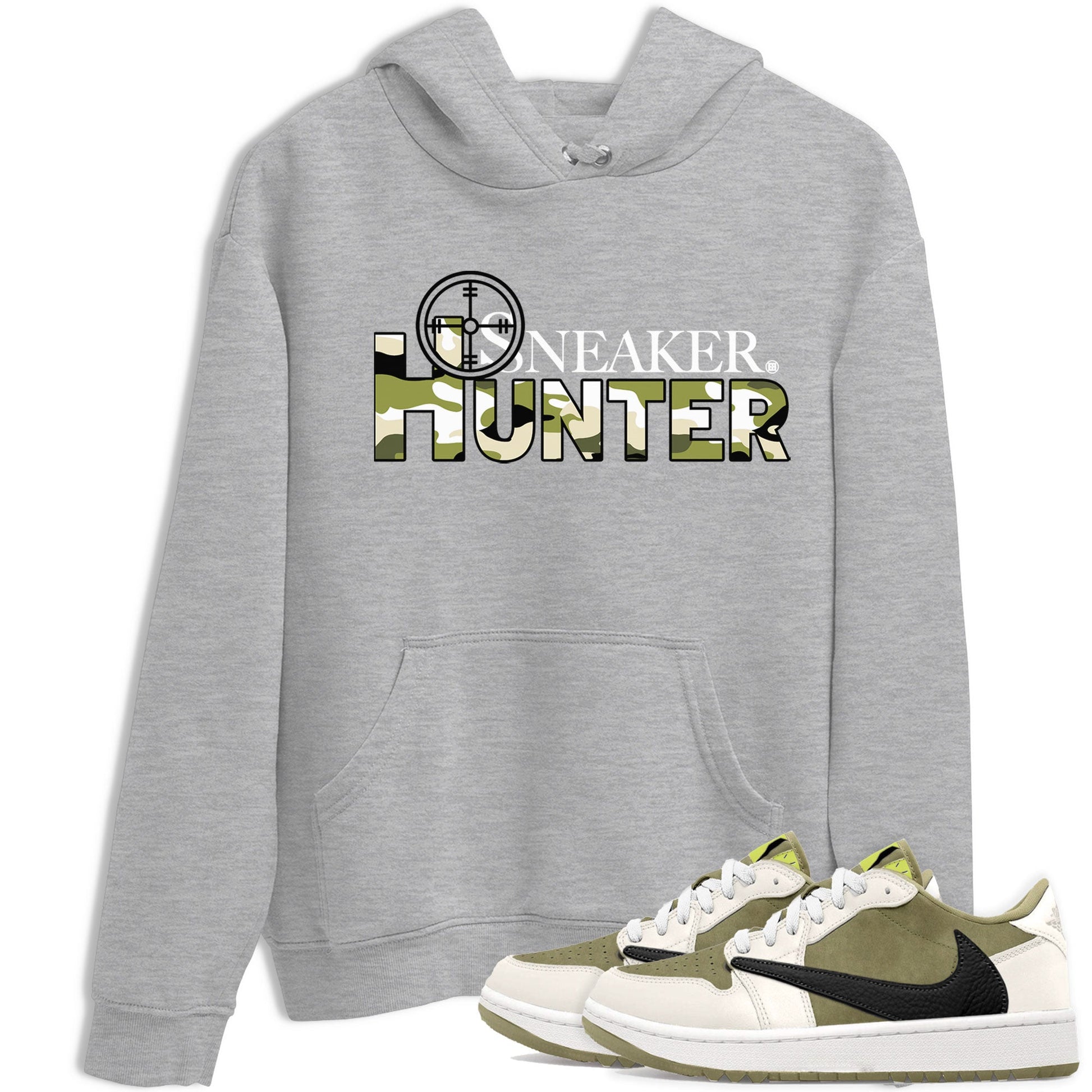 Air Jordan 1 X Travis Scott Golf Olive shirt to match jordans Sneaker Hunter sneaker tees Air Jordan 1 Travis Scott Golf SNRT Sneaker Release Tees Unisex Heather Grey 1 T-Shirt