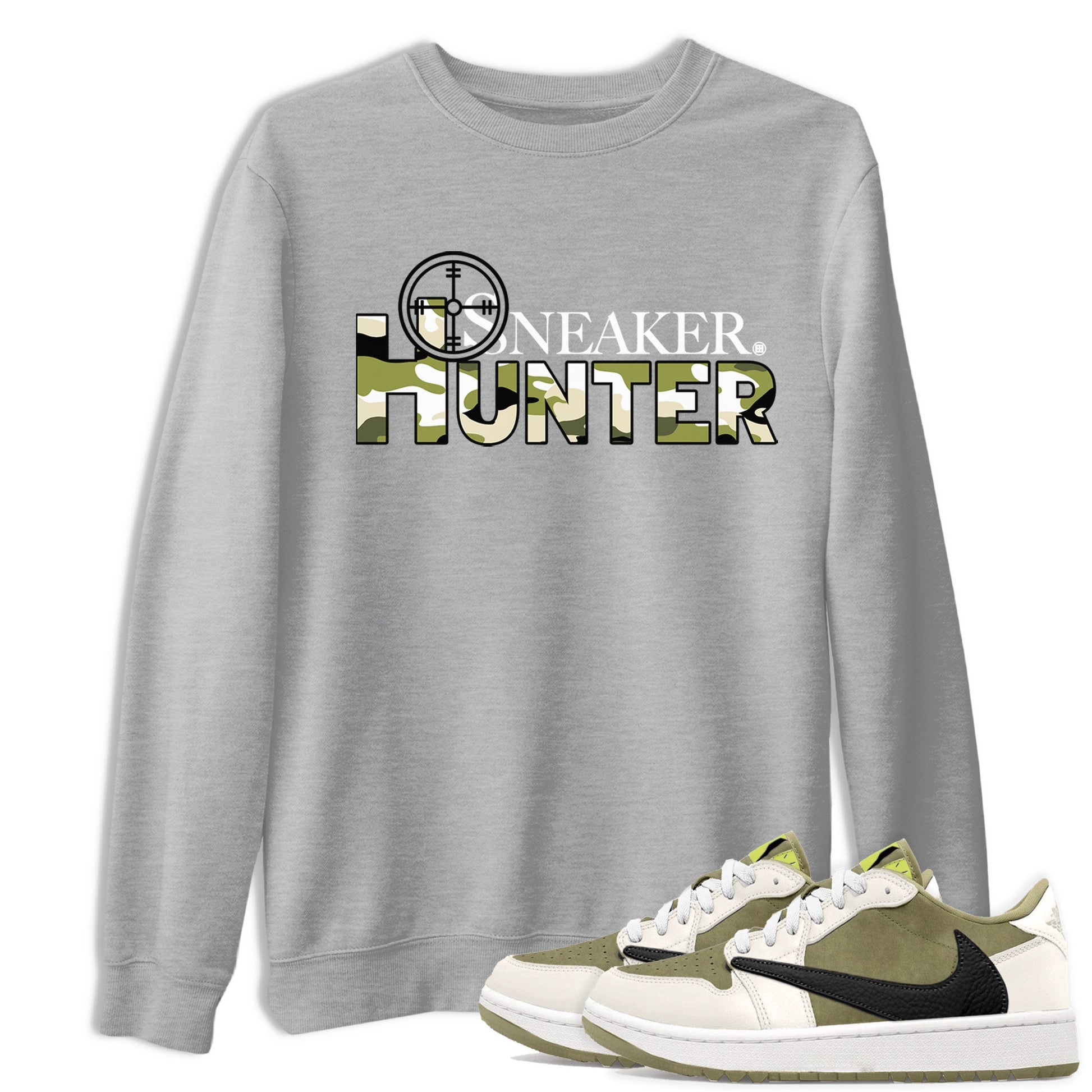 Air Jordan 1 X Travis Scott Golf Olive shirt to match jordans Sneaker Hunter sneaker tees Air Jordan 1 Travis Scott Golf SNRT Sneaker Release Tees Unisex Heather Grey 1 T-Shirt
