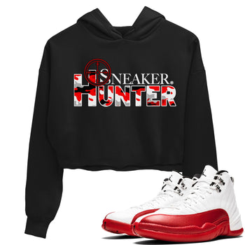 Air Jordan 12 Cherry shirt to match jordans Sneaker Hunter sneaker tees Air Jordan 12 Retro Cherry SNRT Sneaker Release Tees Black 1 Crop T-Shirt