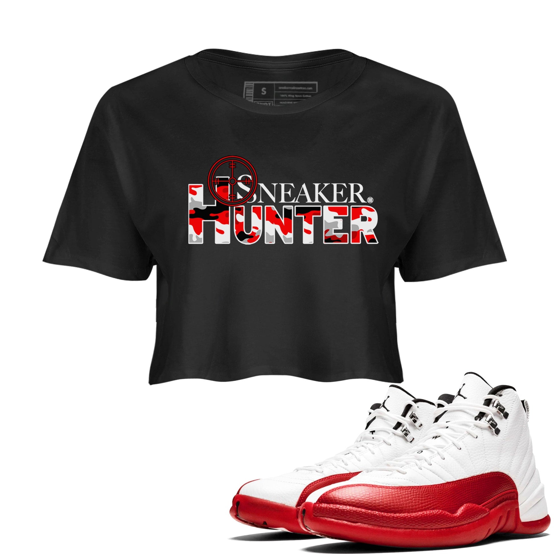 Air Jordan 12 Cherry shirt to match jordans Sneaker Hunter sneaker tees Air Jordan 12 Retro Cherry SNRT Sneaker Release Tees Black 1 Crop T-Shirt