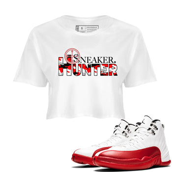 Air Jordan 12 Cherry shirt to match jordans Sneaker Hunter sneaker tees Air Jordan 12 Retro Cherry SNRT Sneaker Release Tees White 1 Crop T-Shirt