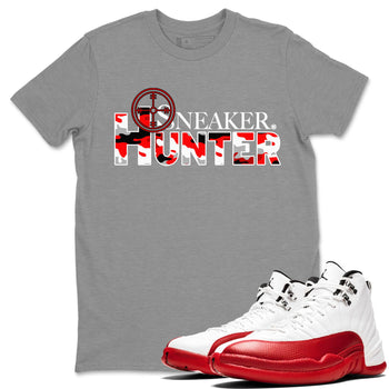 Air Jordan 12 Cherry shirt to match jordans Sneaker Hunter sneaker tees Air Jordan 12 Retro Cherry SNRT Sneaker Release Tees Unisex Heather Grey 1 T-Shirt