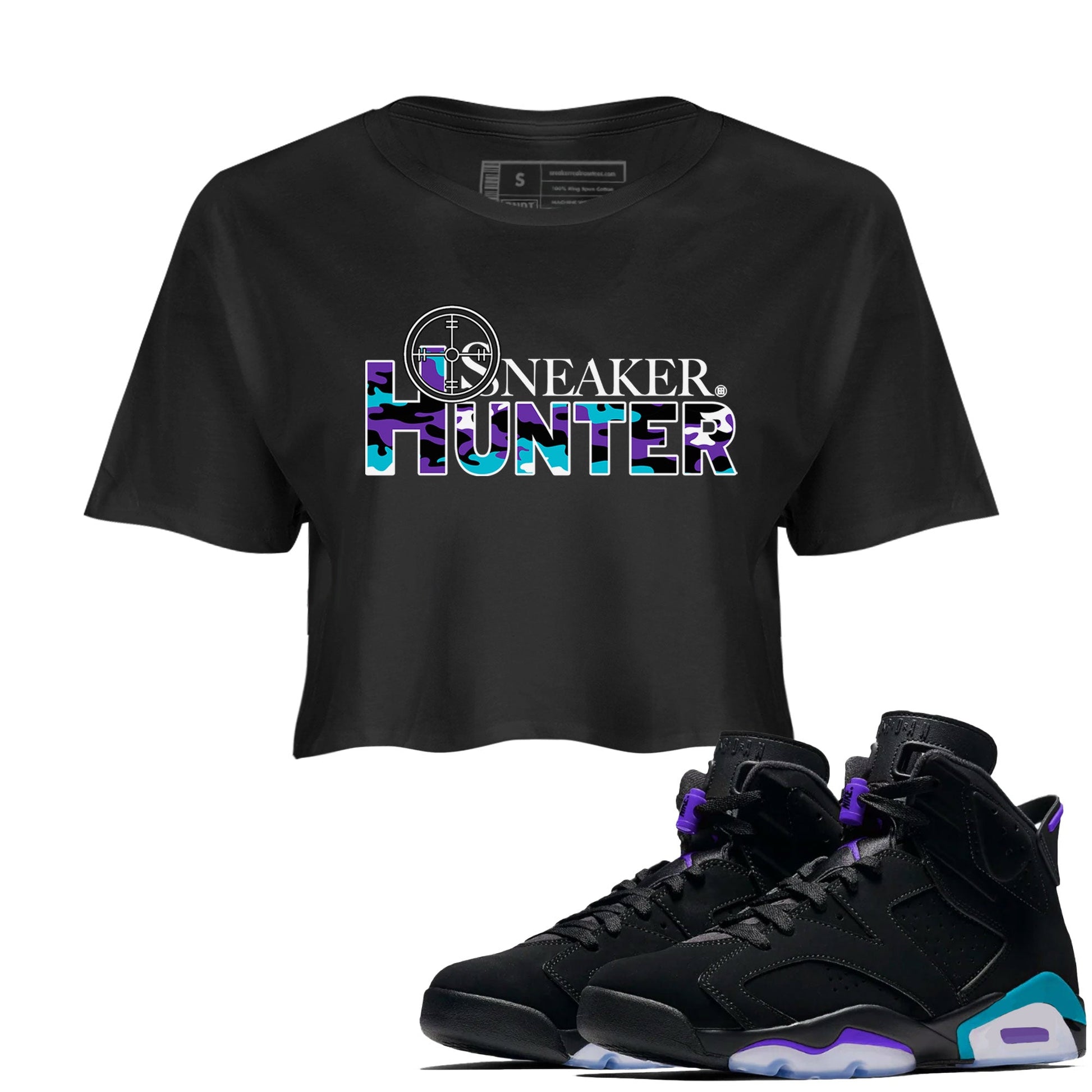 6s Aqua shirt to match jordans Sneaker Hunter sneaker tees Air Jordan 6 Aqua SNRT Sneaker Release Tees Black 1 Crop T-Shirt