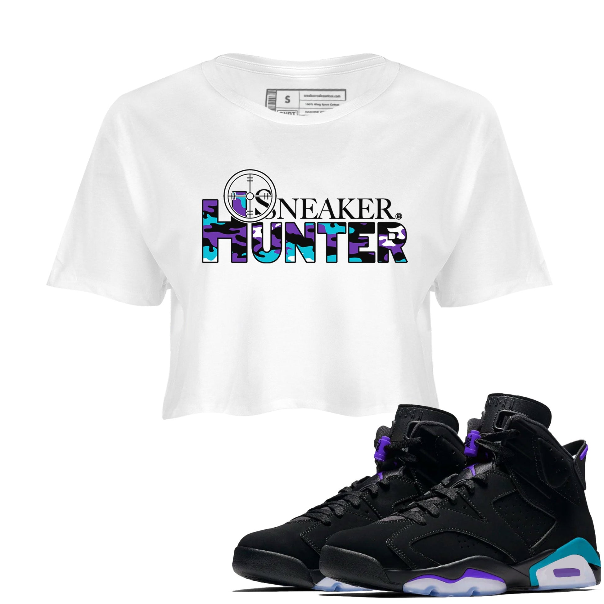 6s Aqua shirt to match jordans Sneaker Hunter sneaker tees Air Jordan 6 Aqua SNRT Sneaker Release Tees White 1 Crop T-Shirt